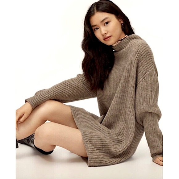 WILFRED for Aritzia Montpellier Oversize Rib Knit Turtleneck Sweater Dress Brown - Picture 1 of 14
